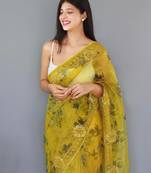  Yellow Color Pure Organza Silk Blend Saree Digital Printed Saree With Beautiful Viscos Thread Work In Saree
