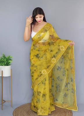  Yellow Color Pure Organza Silk Blend Saree Digital Printed Saree With Beautiful Viscos Thread Work In Saree 2