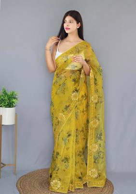  Yellow Color Pure Organza Silk Blend Saree Digital Printed Saree With Beautiful Viscos Thread Work In Saree 3