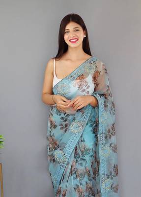 Sky Blue Color Pure Organza Silk Blend Saree Digital Printed Saree With Beautiful Viscos Thread Work In Saree 1