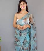 Sky Blue Color Pure Organza Silk Blend Saree Digital Printed Saree With Beautiful Viscos Thread Work In Saree