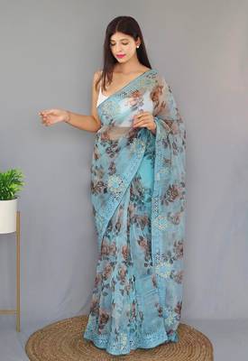 Sky Blue Color Pure Organza Silk Blend Saree Digital Printed Saree With Beautiful Viscos Thread Work In Saree 2