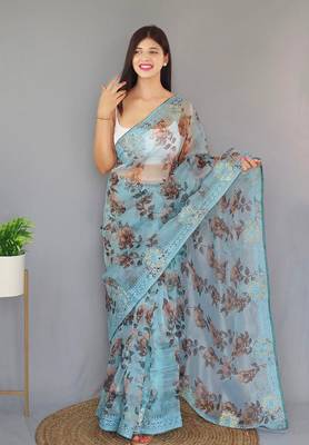 Sky Blue Color Pure Organza Silk Blend Saree Digital Printed Saree With Beautiful Viscos Thread Work In Saree 3