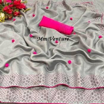 Grey Embroidered Silk Blend Saree With Blouse 2