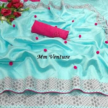 Indigo embroidered silk saree with blouse 2