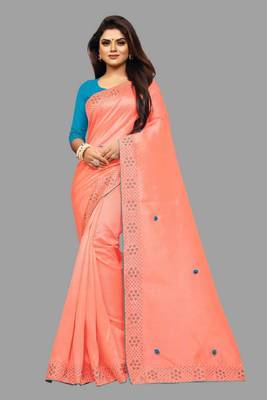 Orange Embroidered Silk Blend Saree With Blouse 1