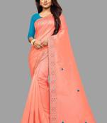 Orange Embroidered Silk Blend Saree With Blouse