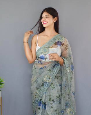 Light Grey Color Pure Organza Silk Blend Saree Digital Printed Saree With Beautiful Viscos Thread Work In Saree 1