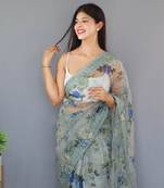 Light Grey Color Pure Organza Silk Blend Saree Digital Printed Saree With Beautiful Viscos Thread Work In Saree