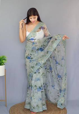 Light Grey Color Pure Organza Silk Blend Saree Digital Printed Saree With Beautiful Viscos Thread Work In Saree 2