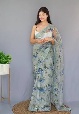 Light Grey Color Pure Organza Silk Blend Saree Digital Printed Saree With Beautiful Viscos Thread Work In Saree 3