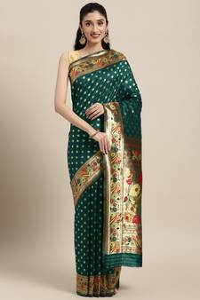 Dark green woven banarasi silk saree with blouse