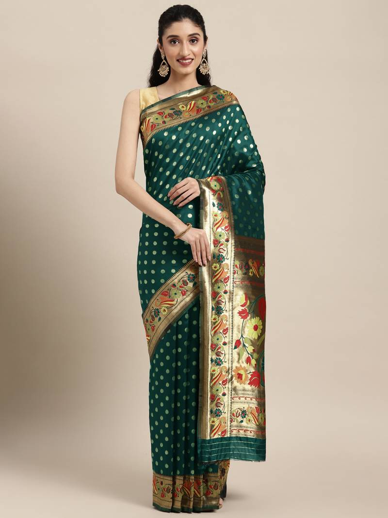 Dark green woven banarasi silk saree with blouse