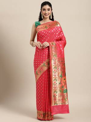 Dark peach woven banarasi silk saree with blouse 1