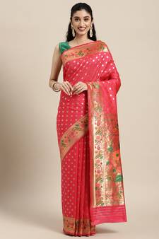 Dark peach woven banarasi silk saree with blouse