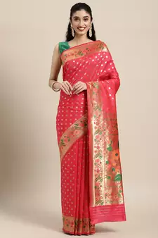 Dark peach woven banarasi silk saree with blouse