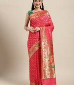 Dark peach woven banarasi silk saree with blouse