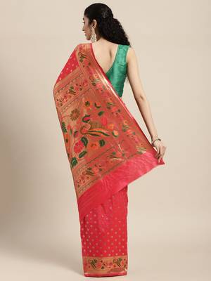 Dark peach woven banarasi silk saree with blouse 2
