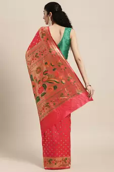 Dark peach woven banarasi silk saree with blouse