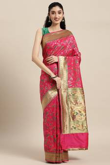 Pink woven banarasi silk saree with blouse