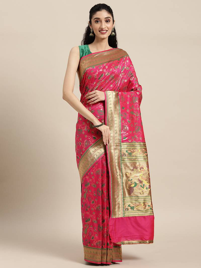 Pink woven banarasi silk saree with blouse