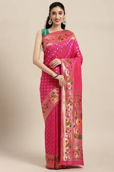 Pink woven banarasi silk saree with blouse