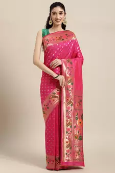 Pink woven banarasi silk saree with blouse