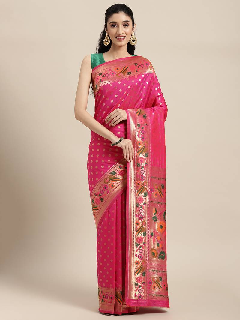 Pink woven banarasi silk saree with blouse