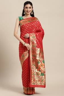 Red woven banarasi silk saree with blouse