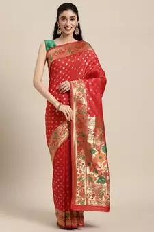Red woven banarasi silk saree with blouse