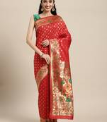 Red woven banarasi silk saree with blouse