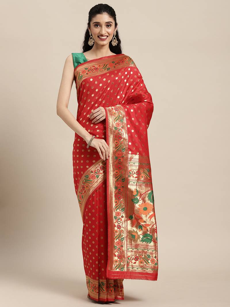 Red woven banarasi silk saree with blouse