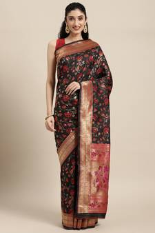 Black woven banarasi silk saree with blouse
