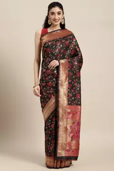Black woven banarasi silk saree with blouse