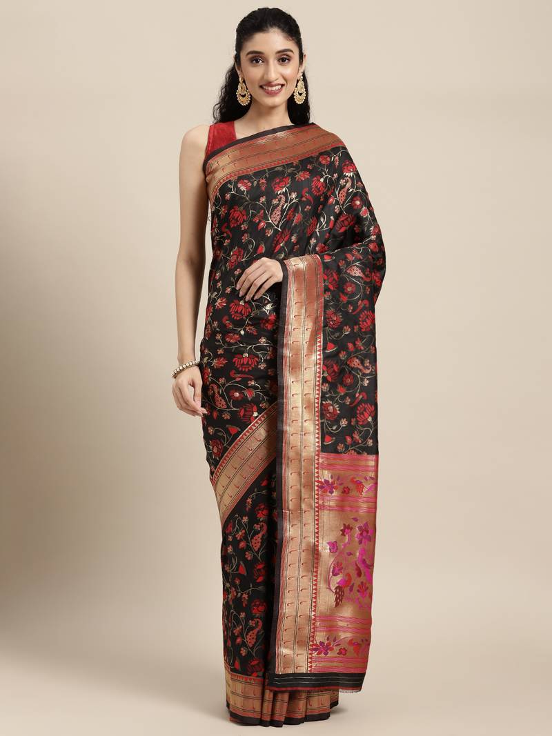 Black woven banarasi silk saree with blouse