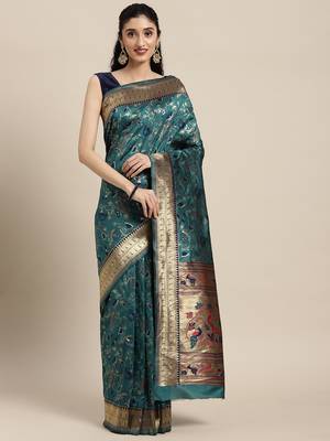 Teal woven banarasi silk saree with blouse 1