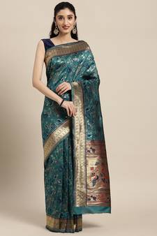 Teal woven banarasi silk saree with blouse