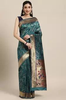 Teal woven banarasi silk saree with blouse