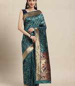 Teal woven banarasi silk saree with blouse