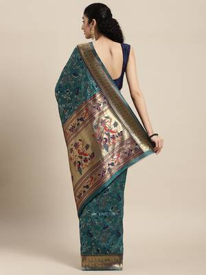 Teal woven banarasi silk saree with blouse 2