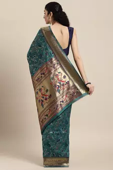 Teal woven banarasi silk saree with blouse