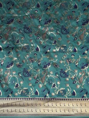 Teal woven banarasi silk saree with blouse 3