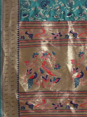 Teal woven banarasi silk saree with blouse 4