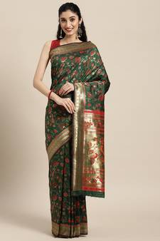Dark green woven banarasi silk saree with blouse