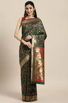 Dark green woven banarasi silk saree with blouse