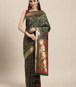 Dark green woven banarasi silk saree with blouse
