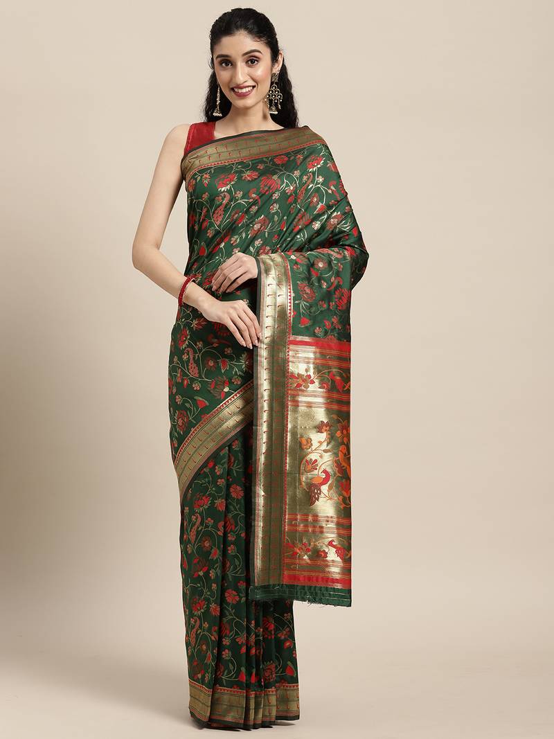 Dark green woven banarasi silk saree with blouse