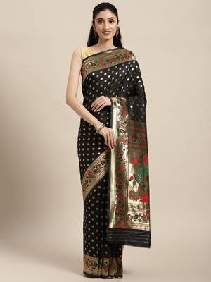 Black woven banarasi silk saree with blouse 1