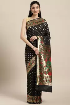 Black woven banarasi silk saree with blouse