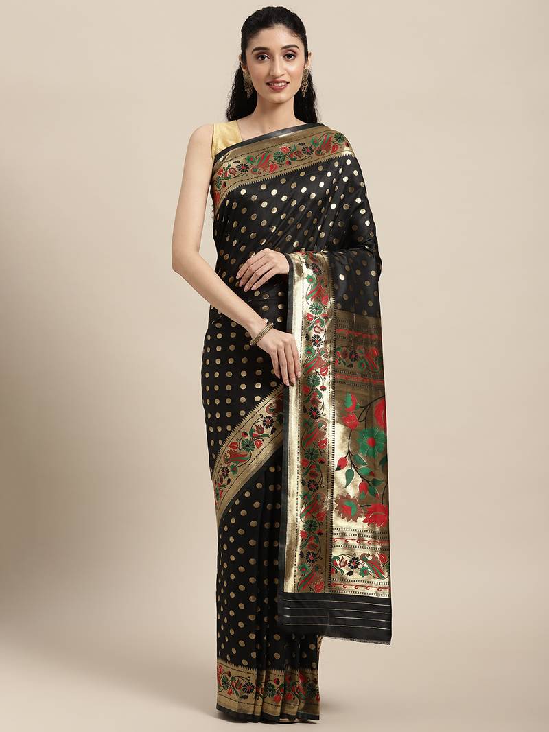 Black woven banarasi silk saree with blouse